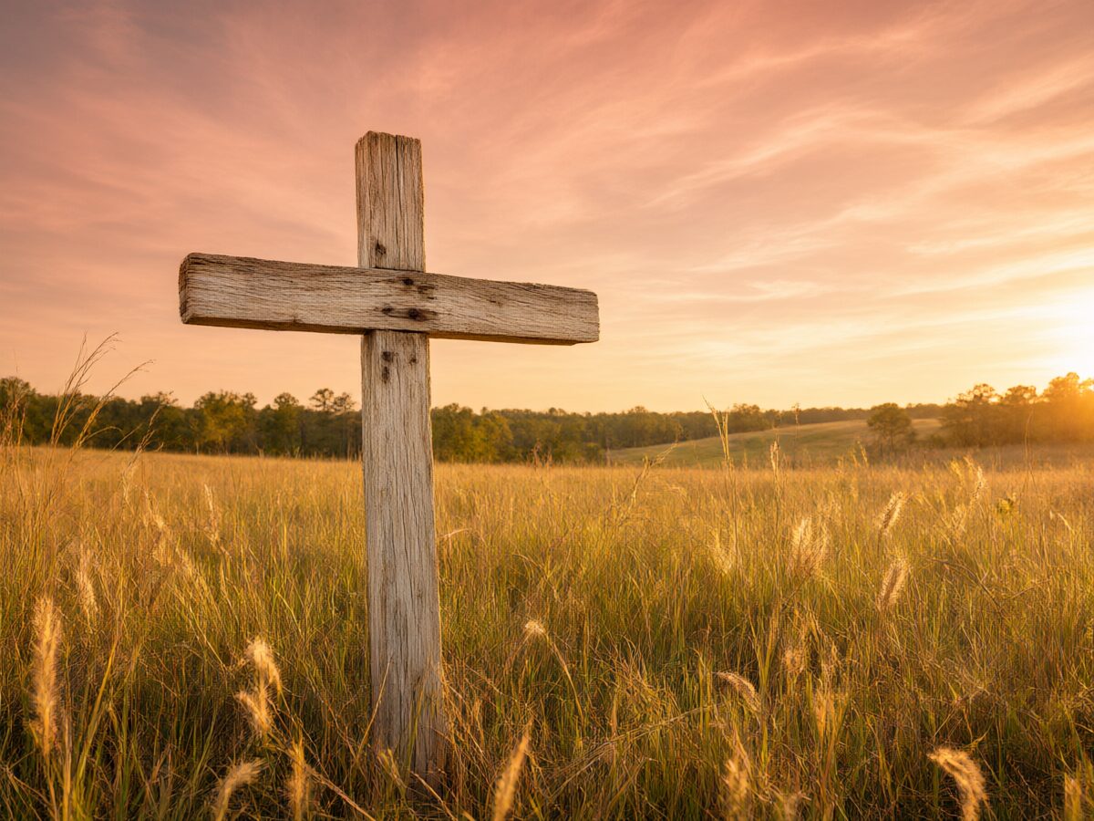 A wooden cross at golden hour