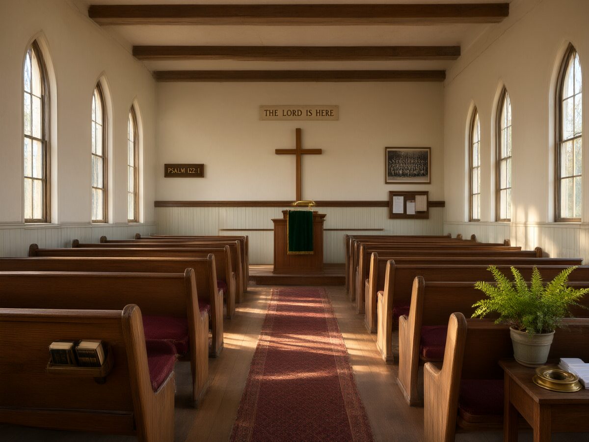 Rows of wooden pews